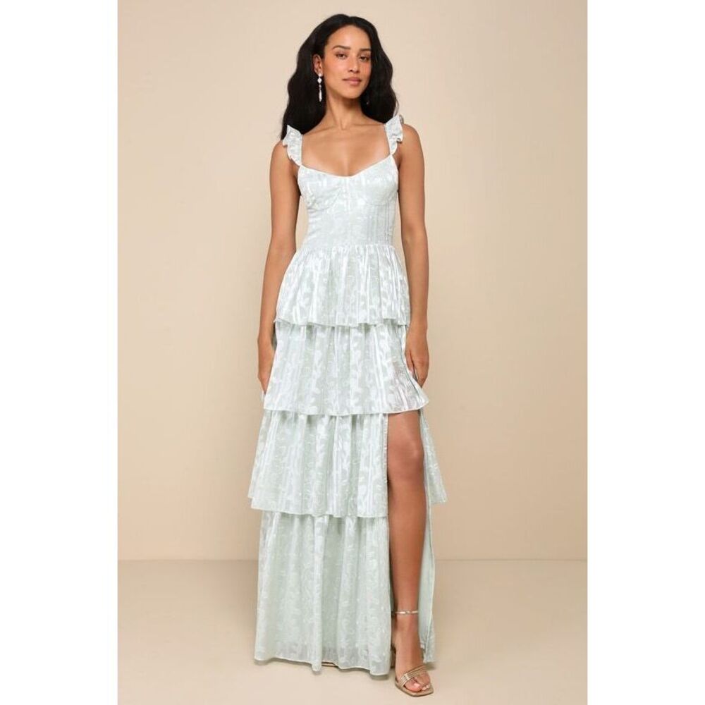 Lulus Stunning Glory Sage Green Floral Jacquard Tiered Maxi Dress - Size L